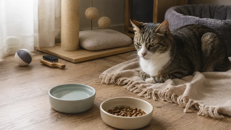 Gato com leve indisposição próximo às tigelas de água e alimento
